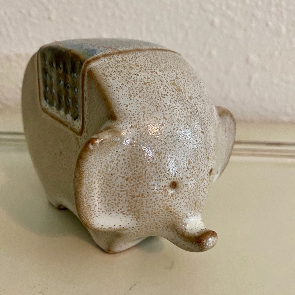Elephant Animal Figurine Glazed Grayish Tan Blue Redware Hard To Find Japan